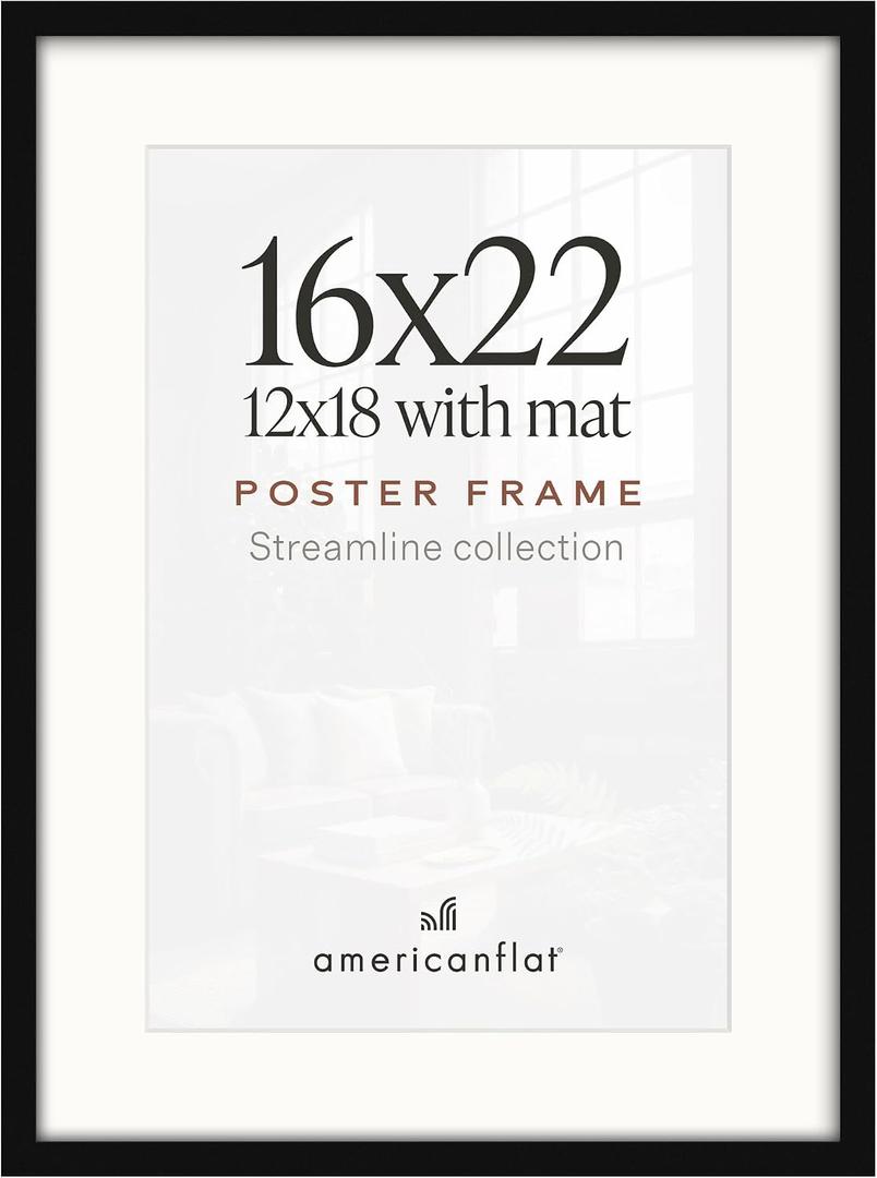 Americanflat 16x22 Poster Frame - Matted to 12x18 - Slim Molding - Black