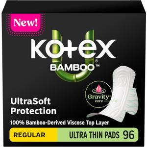 Kotex Bamboo Ultra Thin Pads with Wings, Regular Absorbency, 96 Count (2 Packs of 48)