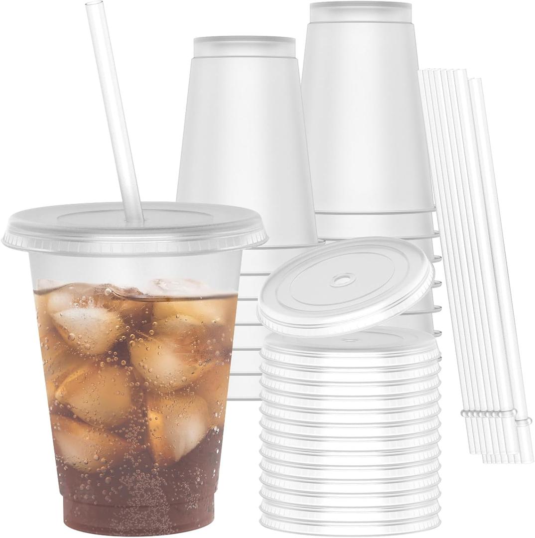 [15 Pack] Reusable Translucent Plastic Cups with Lids and Straws - 16 oz Frosted Clear Cold Drink Tumbler - BPA Free, Dishwasher Safe Drinking Cups for Iced Coffee, Smoothies & DIY Projects