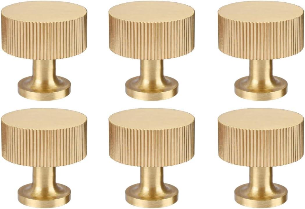 6pcs Solid Brass Cabinet Knobs Pulls Cabinet Drawer Dresser Gold Knobs Modern Handles (1"x1"/25mmx25mm),Brushed Brass Finish