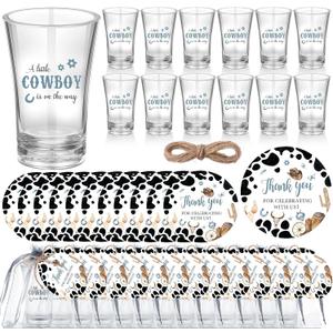 50 Sets Cowboy Baby Shower Favors for Guest A Little Cowboy is on the Way Acrylic Clear Shot Glasses Thank You Cards and Twine Organza Bags for Western Baby Shower Birthday Party Decorations