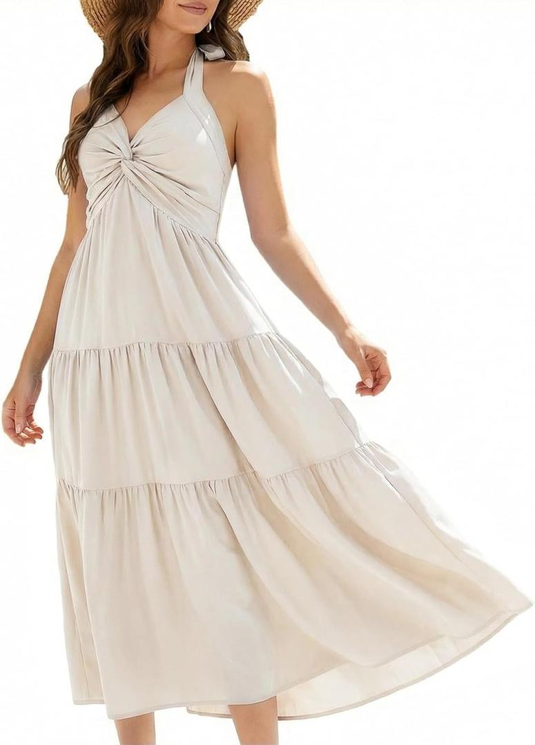 Florboom Women's Summer Halter Maxi Dresses Smocked Back Sundress, Wedding Guest & Holidays Dress with Pockets (L)