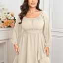 SCOMCHIC Women Plus Size Fall Dresses Long Sleeve Square Neck Ruffle Hem Flowy A-Line Cocktail Wedding Guest Mini Short Dress (Gray, XXXL)