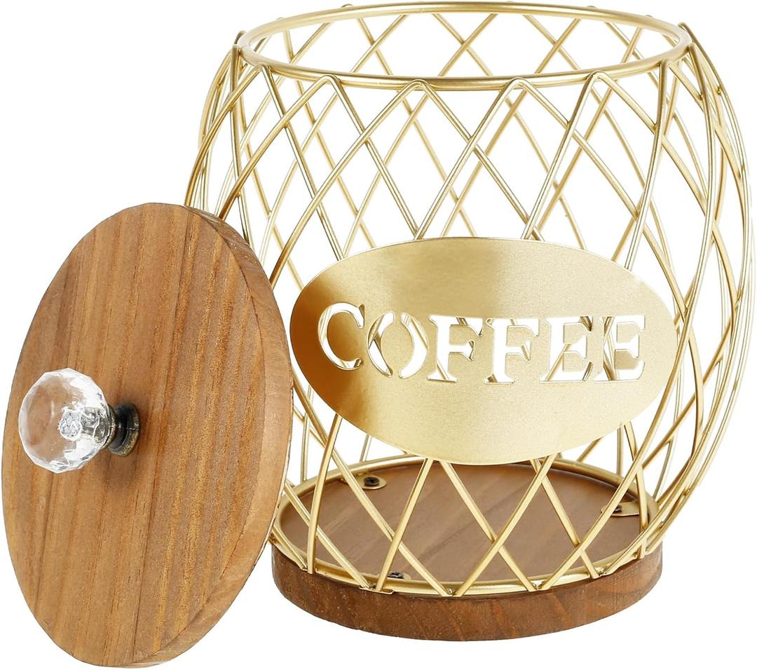 Coffee Pod Basket Holder Metal Coffee Pod Storage Basket with Dust Cover Hollow Design Coffee Pod Storage Container Large Capacity Sturdy Coffee Pod Organizer (golden)