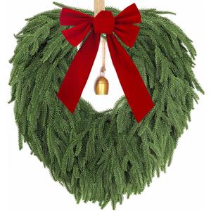 24" Norfolk Pine Wreath, Artificial Christmas Wreaths, Real Touch Green Winter Garland for Front Door Wall Indoor Outdoor Christmas Holiday Decor, with Bow & Bell, FF12