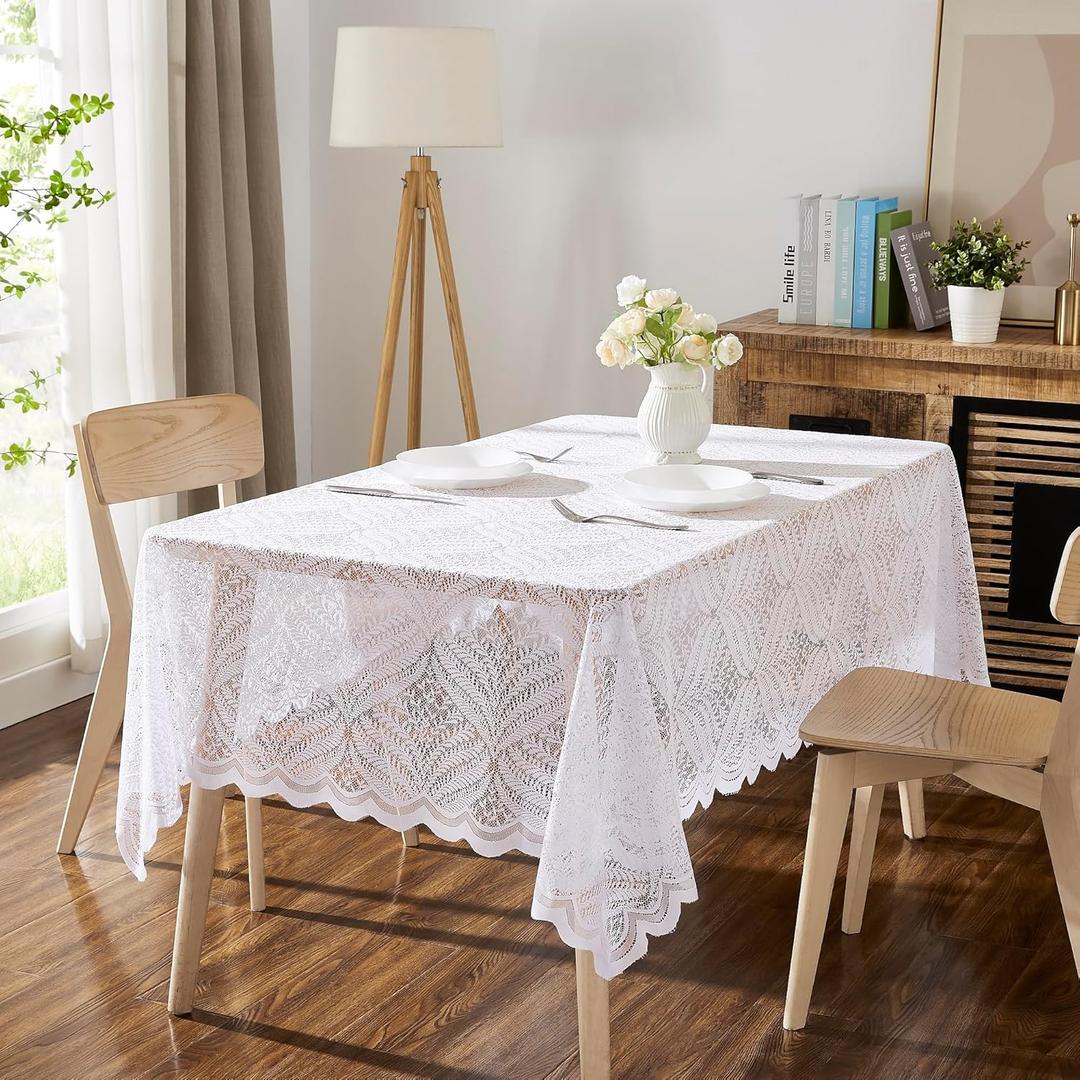 Amelia, LinenZone Rectangle Lace Tablecloth with Leaves Design. Each White Tablecloth Measures 54 x 72 Inches. Leaf Tablecloth for Farmhouse Table Decor or Rustic Kitchen Decor. (Amelia 54 x 72, White)