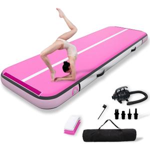 Inflatable Tumbling Mat for Kids – 10ft Pink Inflatable Gymnastics Training Equipment with Carrying Bag | Non-Slip Tumbling Mat for Home Use, Yoga & Cheerleading | Waterproof Design