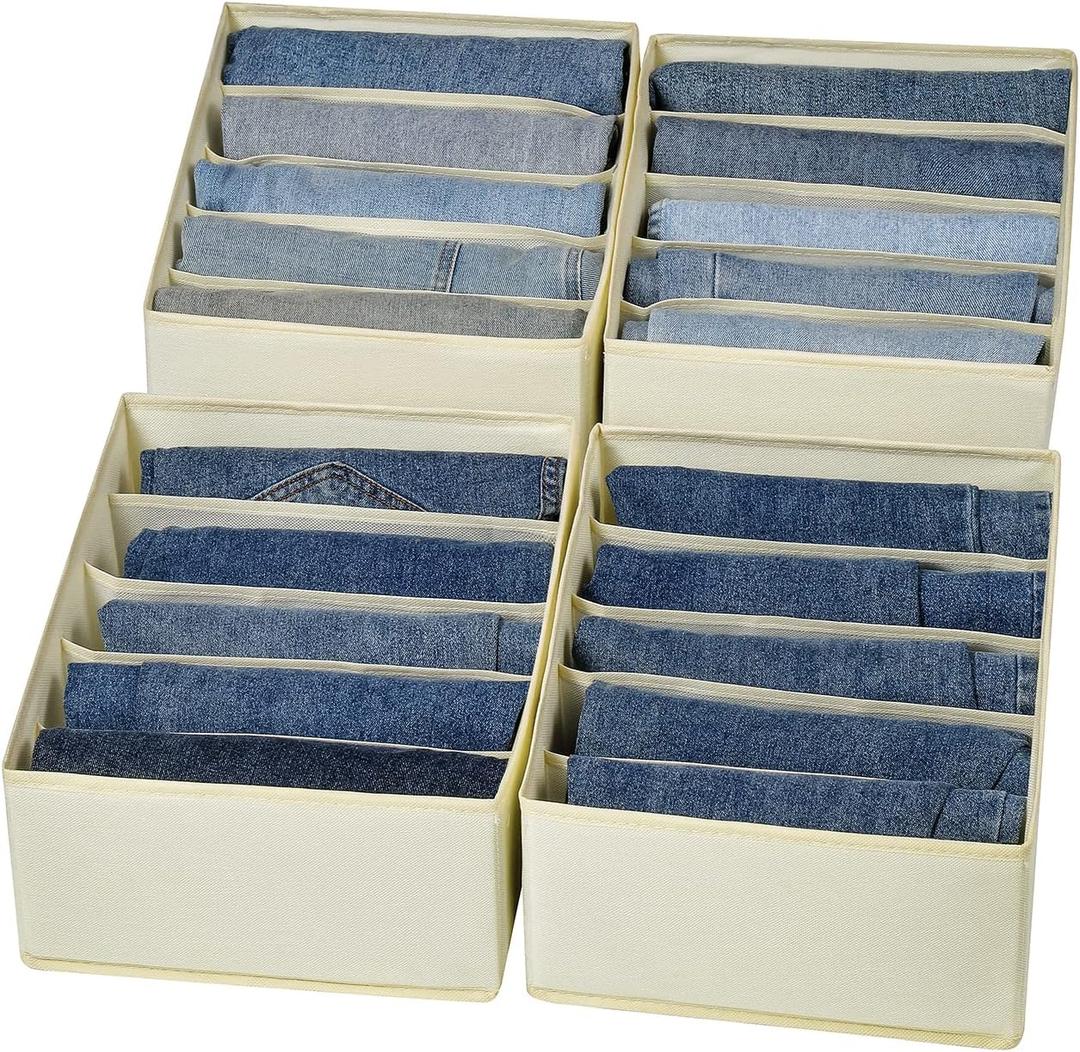 Jeans Drawer Organizers for Clothing, 5 Compartment Wardrobe Storage Box, Washable Clothes Organizer for Folded Clothes, Jeans, Pants, Leggings, t-shirts(Beige)