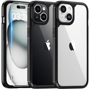 TAURI for iPhone 15 Plus Case, [3 in 1] 1X Black Case [Not-Yellowing] with 2X HD Tempered Glass Screen Protector, [Militarized Drop Defense] Slim Phone Case 6.7 inch, Black