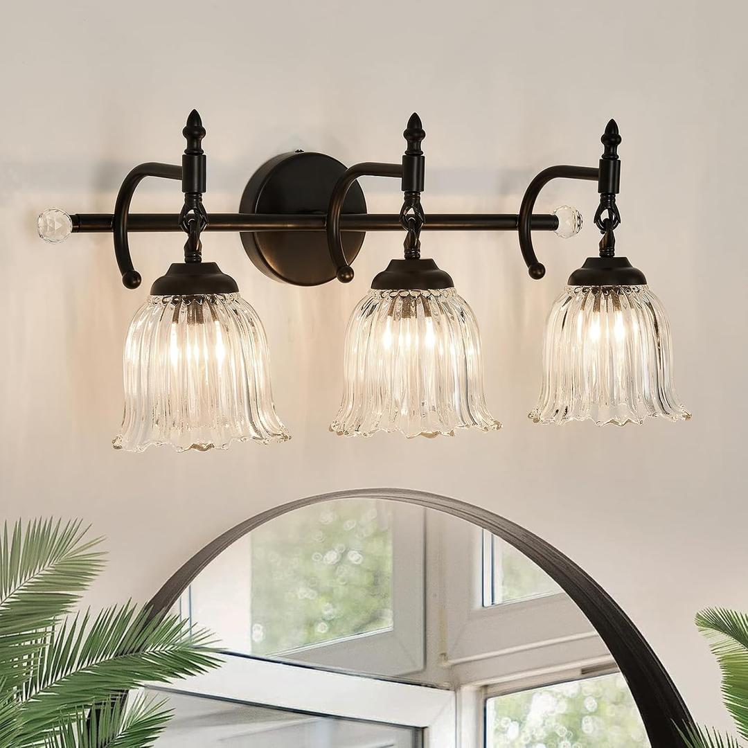 3-Light Bathroom Vanity Light Fixtures Over Mirror,Black Modern Vanity Light with Glass Shade Vintage Wall Sconce for Bedroom Dressing Room Living Room Hallway Cabinet, 21.65"L x 21.65"W x 10.62"H