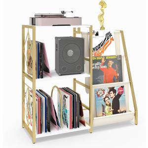 Record Player Stand, Turntable Stand with 3-Tier Vinyl Storage, Vinyl Record Stand Storage up to 200+ Albums,Vinyl Display Holder Shelf for Living Room,Bedroom(Glod White)