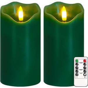 VEEKI Flameless Candles Light, Set of 2 6"x3" Flickering Christmas Flameless Candles with Remote & Timer, Dimmable Real Wax Pillar Candles Battery Operated, Green Candles for Home Xmas Decor (Green)