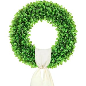 DDHS 24 Inch Large Boxwood Wreath for Front Door, Round Artificial Spring Summer Greenery Wreath with Hello Sign & Sash, Green Wreaths for Farmhouse Wedding Year Round Indoor Outdoor Home Decor
