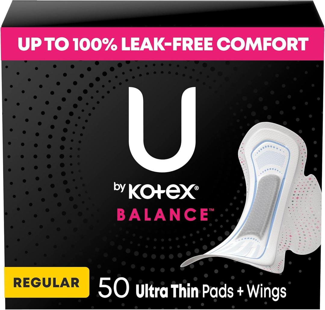 U by Kotex Balance Ultra Thin Pads with Wings, Regular Absorbency, 50 Count