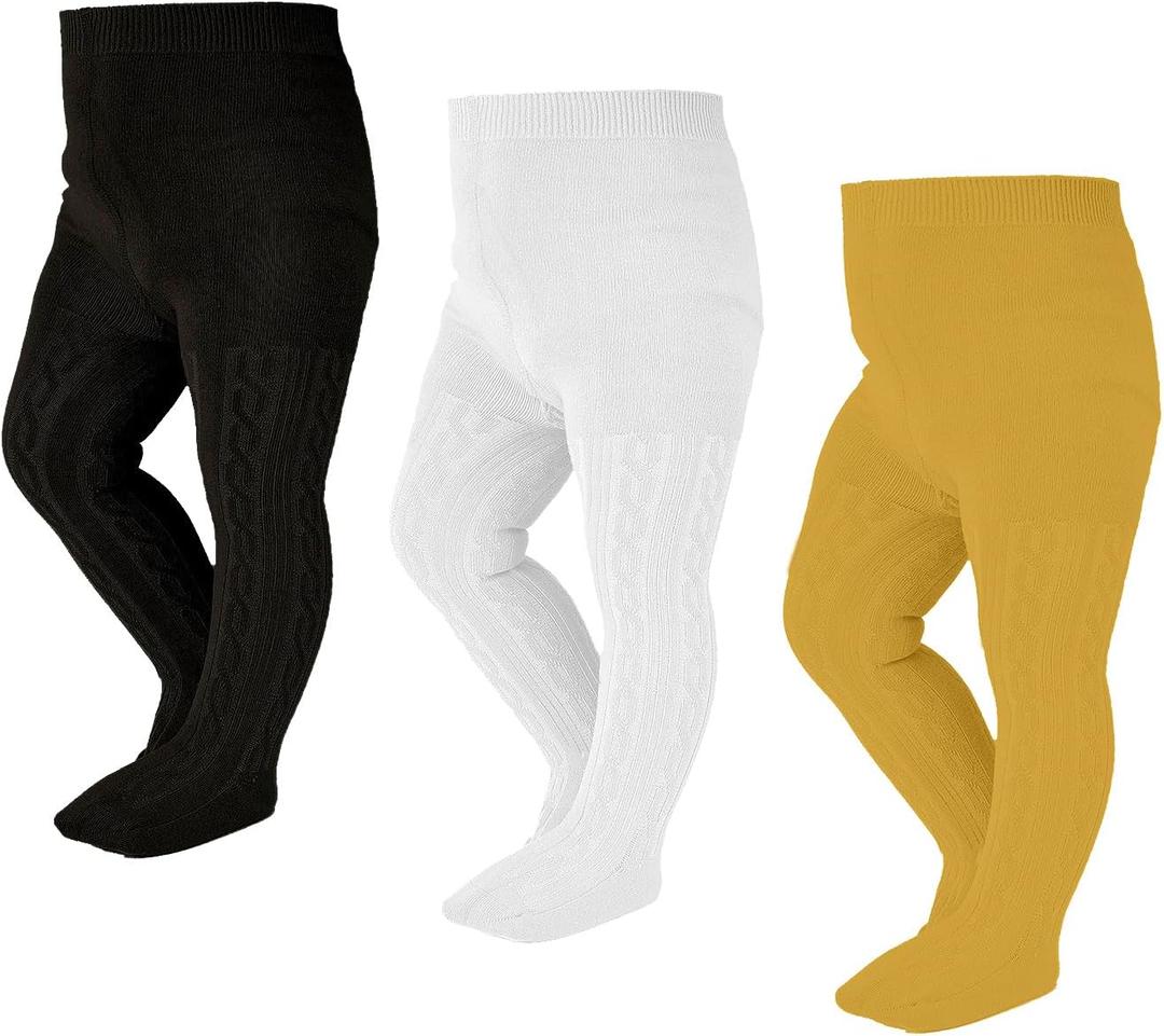 EPEIUS Baby Girl Tights Thick Cable Knit Leggings Stockings Cotton Pantyhose for Newborn Infant Toddler 3/4/5/6 Pack (Black/Gold/Ivory,3 Pack)