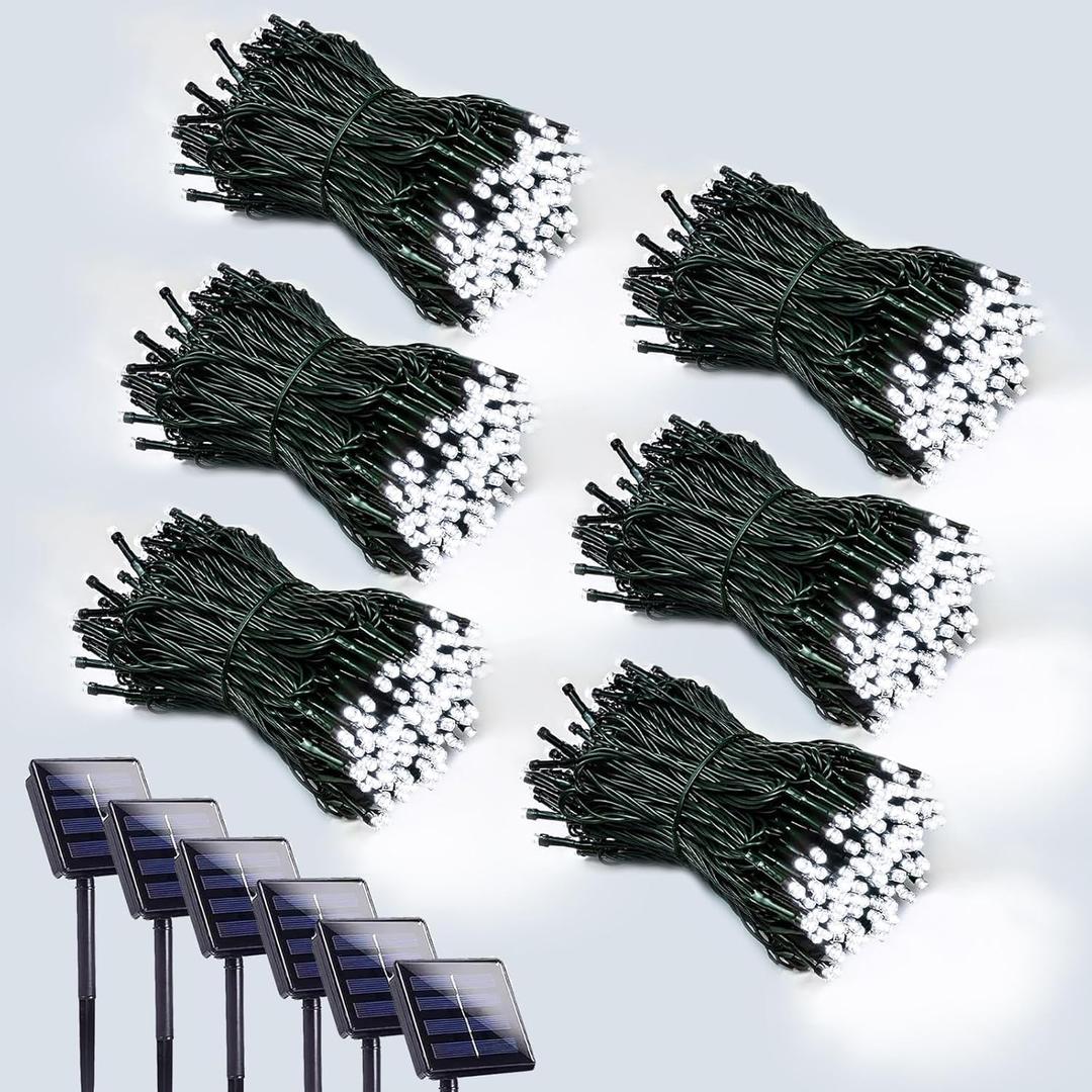 6 Pack 600 LED Solar String Lights for Outside, Solar Christmas Lights Outdoor Waterproof, Green Wire Twinkle Light with 8 Lighting Modes for Xmas Tree Wedding Party Garden Decorations (Cool White)