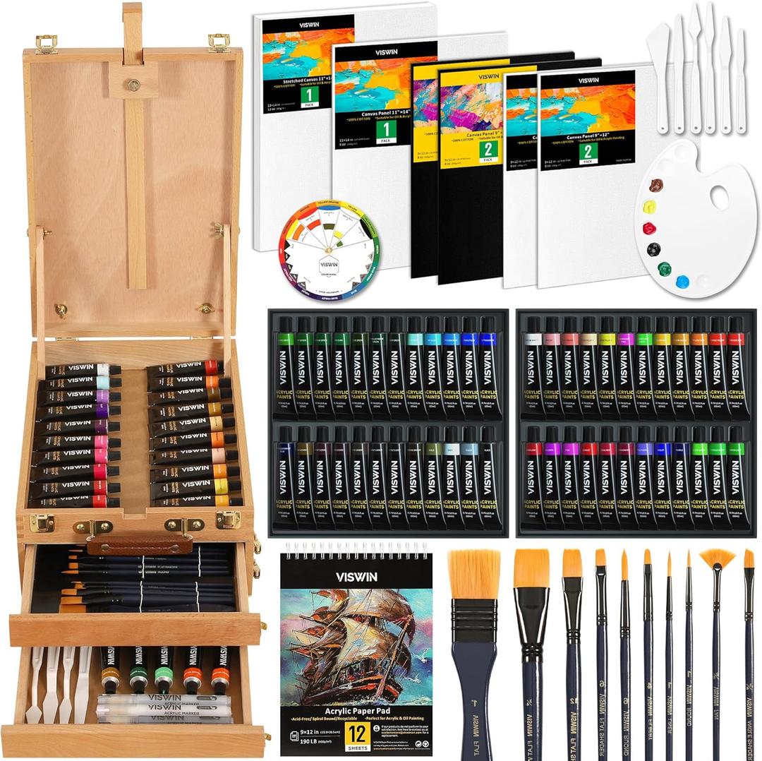 VISWIN Deluxe Acrylic Paint Kit with Tabletop Easel Box, 74 Pcs Painting Kit with 48 Acrylic Paint Set, Canvas, Brushes, Art Supplies for Adults, Artists, Beginners