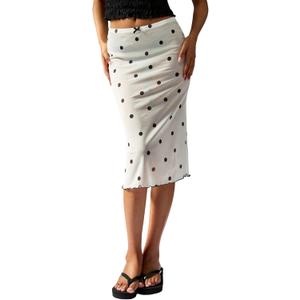 Milumia Women's Polka Dots Sheer Skirts Bow Front Low Waist Lettuce Hem Midi Skirt (White, S)