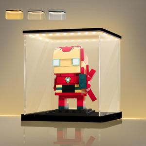 LANSCOERY Small Acrylic Display Case with Adjustable Yellow/White/Warm LED Light, UV Protection Clear Display Box, Dustproof Showcase for Action Figures, Models, Collectibles - 4x4x4inch