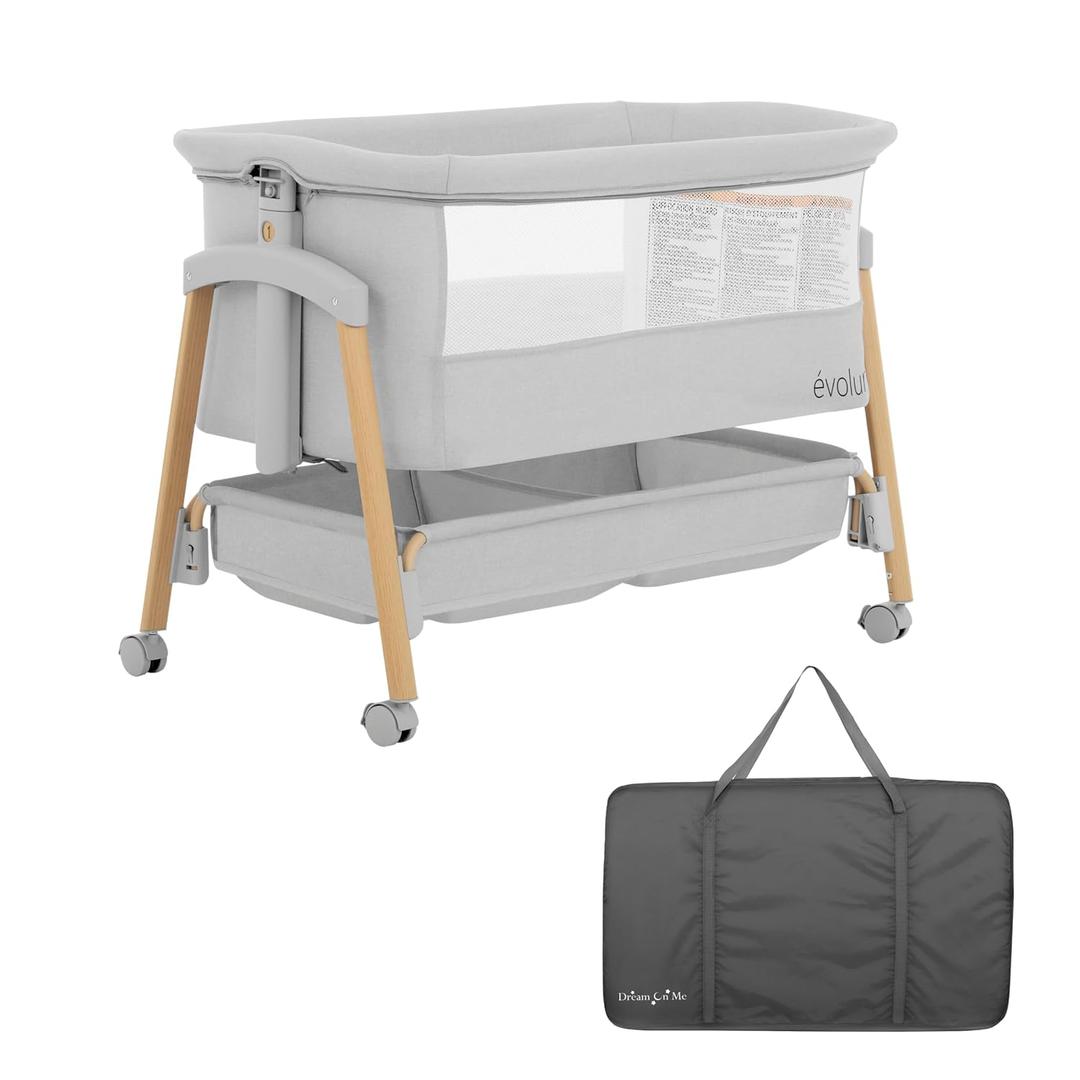 Evolur Lullaby Portable Bassinet with Wheels, Adjustable Bedside Sleeper, Breathable Mesh Sides, Large Storage Basket, Easy Fold, and Travel Bag Included, Perfect for Newborns & Infants - Light Gray