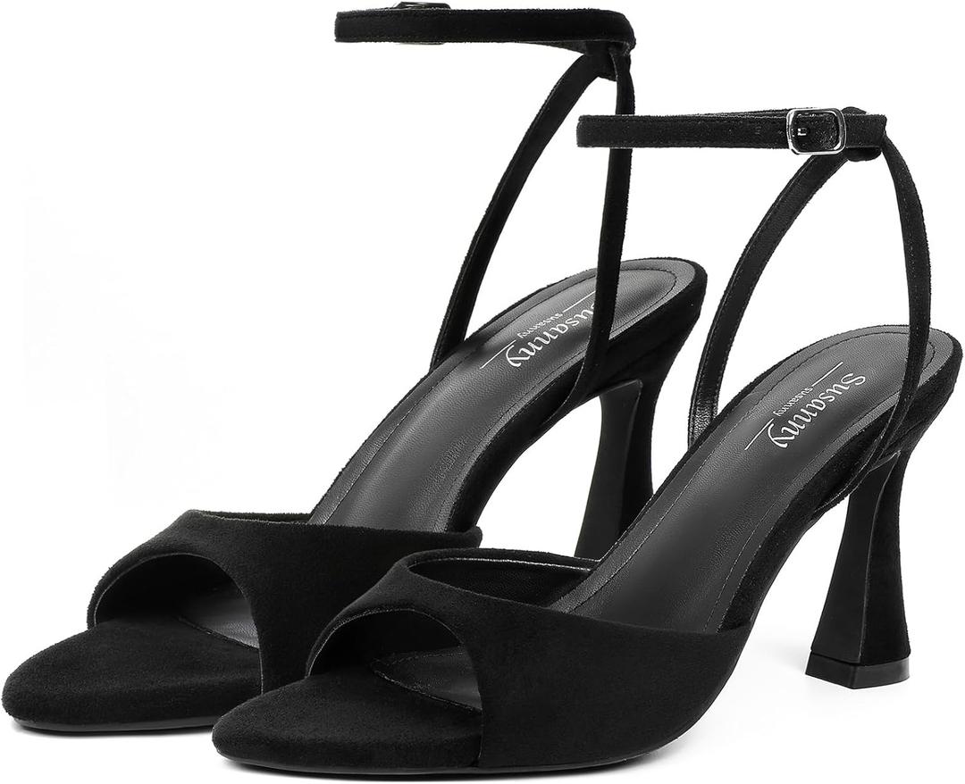 Susanny High Heels for Women Pointed Open Toe Strappy Chunky Block Heels Ankle Strap Stiletto Kitten Heeled Sandals Wedding Bridal Party Prom Sexy Dress Shoes (10, Black Suede)