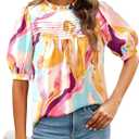 PRETTYGARDEN Floral Tops for Women Blouses Dressy Casual 2026 Summer Trendy Outfits Boho Pleated Short Sleeve Shirts (Medium, Brown Purple Floral)