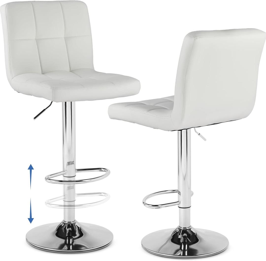 NEWBULIG Bar Stools Set of 2, Counter Height Barstools,Square Seat Cushion Barstool with Back, Height Adjustable PU Leather Swivel Barstool with Footrests for Kitchen,Island,Cafe,Pub,White