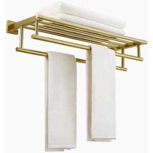 Bathroom Towel Rack 24 Inch Tower Holder with Double Towel Bar Brushed Gold Towel Rack Wall Mounted SUS304 Stainless Steel Hotel Towel Shelf Modern Towel Hanger