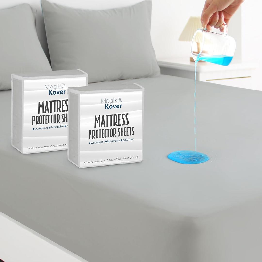 Magik & Kover Queen Mattress Protector Waterproof Cover 2 Pack, Waterproof Bed Queen Fitted Sheet Only, Machine Washable Deep Pocket Mattress Covers for Bed with Elastic Rubber Band, Grey (Gray)