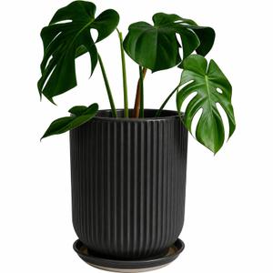 Deep Dream 10 Inch Ceramic Pots for Plants, Heavy Plant Pot for Indoor Outdoor Plants, Large Plant Pot with Drainage Hole and Saucer, Modern Tall Flower Pot, Gifts for Plant Lovers, Black