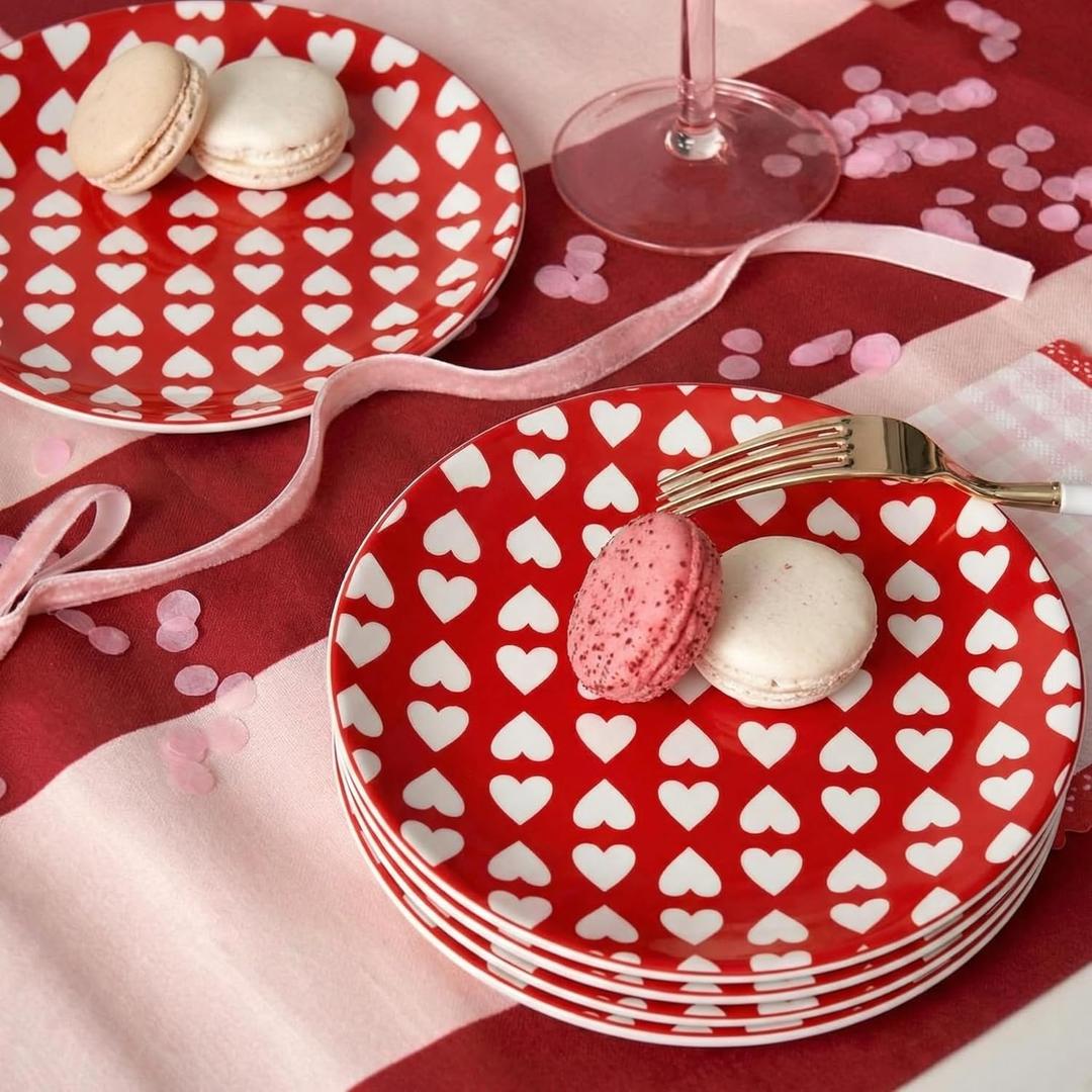 Hushee 6 Pcs Valentines Dessert Plate 6 Inch Round Heart Ceramic Plates Valentine Salad Dishes for Valentines Party Wedding Party Kitchen Food (Stylish)