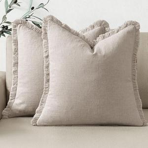 Woaboy Set of 2 Decorative Linen Fringe Throw Pillow Covers Boho Farmhouse Cushion Covers Accent Pillowcases with Tassels for Living Room Couch Sofa Bed Chair,18x18 Inch,Beige