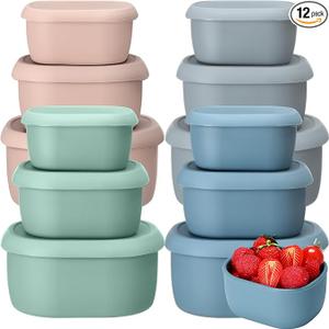 Blushtier 12 Pcs Silicone Food Storage Containers with Lids Reusable Silicone Snack Container 3 Size Lunch Box Bento with Lids Freezer Dishwasher Safe,6.7oz, 10oz, 20oz(Mo Landi Color)