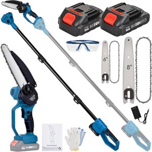 6" & 8" Electric Pole Saws for Tree Trimming 2-IN-1, Cordless Mini Chainsaw with Extension Pole, 15 Ft Max Reach & Multi-Angle, Lightweight Limb Branch Cutter Pruner with 2 Batteries
