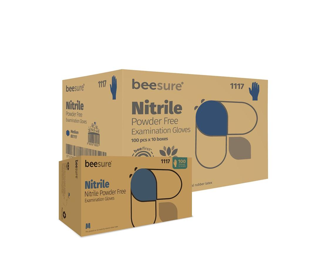 BeeSure BE1116case Powder Free Exam Gloves, Nitrile, BeadedCuff, Small, Blue (Pack of 1000)