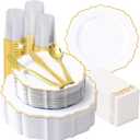 Fijinhom 350 PCS Gold Disposable Plates, Scalloped Dinnerware Set for 50 Guests, 100 Plastic Plates, 150 Silverware, 50 Cups & 50 Paper Napkins, Gold