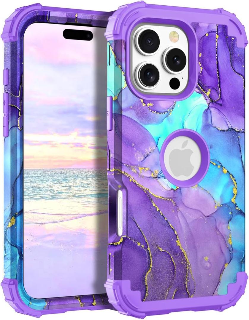Hocase for iPhone 16 Pro Case 6.3", Heavy Duty Shockproof Protection Soft Silicone Rubber+Hard Plastic Bumpers Hybrid Protective Case for iPhone 16 Pro 2024 - When Purple Meets Blue