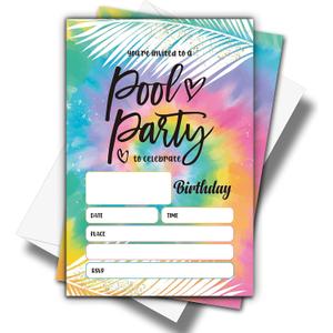 ONDTOM Summer Swimming Party Invitations Cards with Envelopes (4" x 6") - 20 Pack - Tie Dye Pool Birthday Fill-in Style Invites for Kids Boys Girls - D04