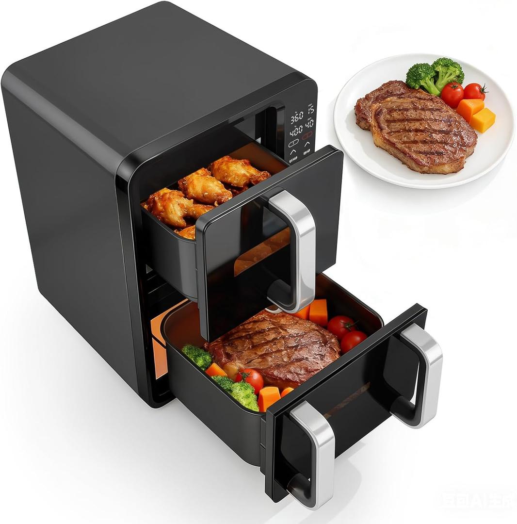 12QT Dual Basket Air Fryer, Vertical Double Stack XL 2-Basket, Feeds Up to 10 People, 8-in-1 Presets with Digital Touchscreen to Free DIY, Compact Design, Easy to Clean, Black, Large