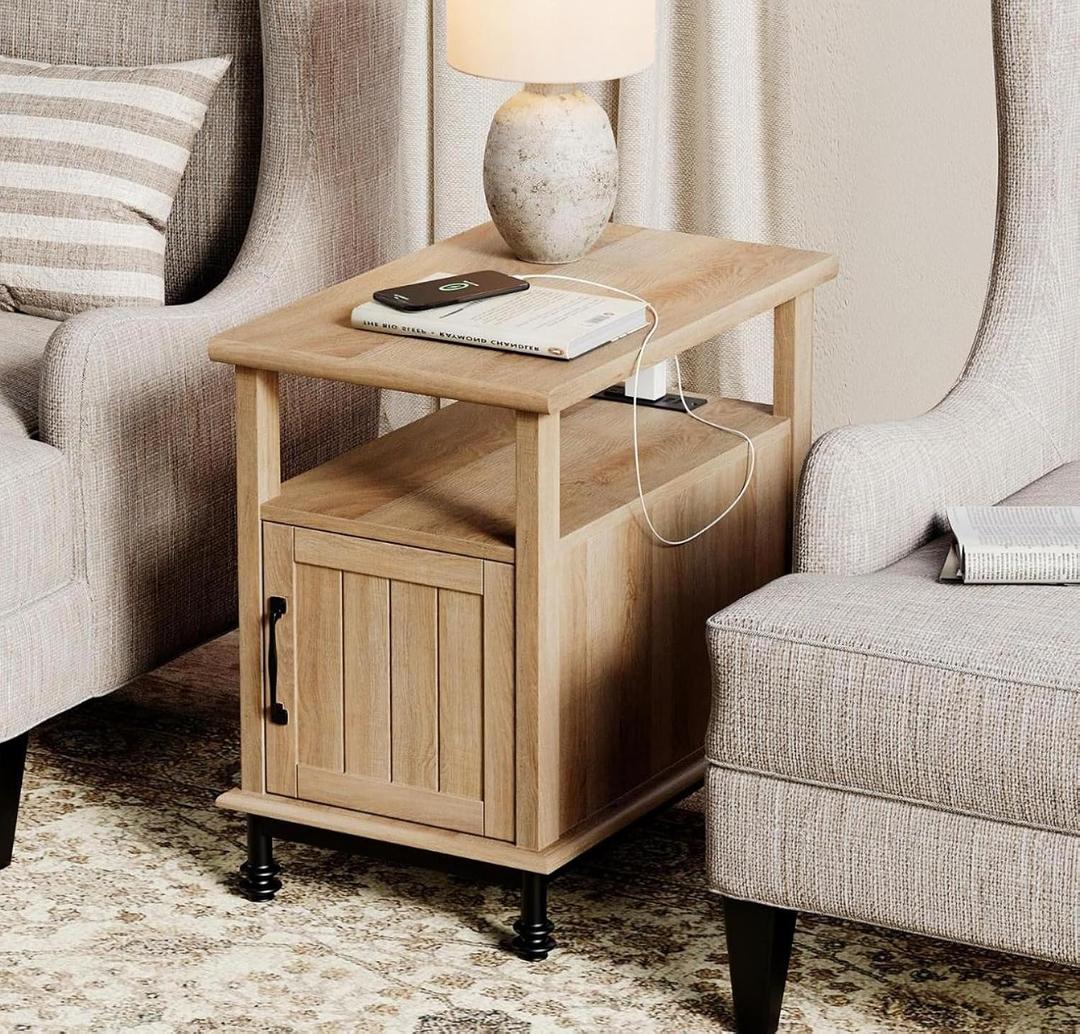 WAMPAT Oak End Table with Charging Station, Sofa Side Table with Storage Cabinet for Living Room, Light Wood Bedside Table with Metal Leg, Farmhouse Nightstand for Bedroom (Oak)