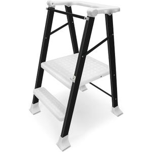 SDADI Foldable Toddler Step-Up Stool  2-Step Standing Tower for Ages 18M-6Y, Compact Folding Design, Safe & Stable for Kitchen & Bathroom Use (Translucent White & Black)