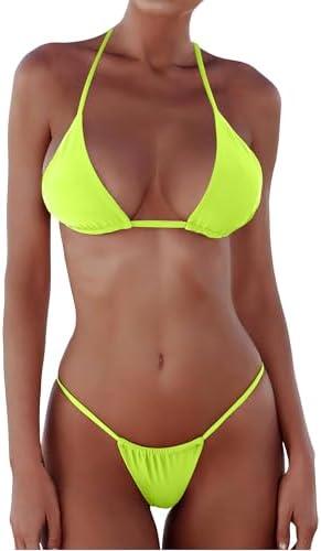 XUNYU Thong Bikini Sets for Women - Brazilian Micro String Bikinis Sexy Two Piece Swimsuit Triangle Top Halter Bathing Suits (Medium, Bikinis Set Bright Fluorescent Yellow)