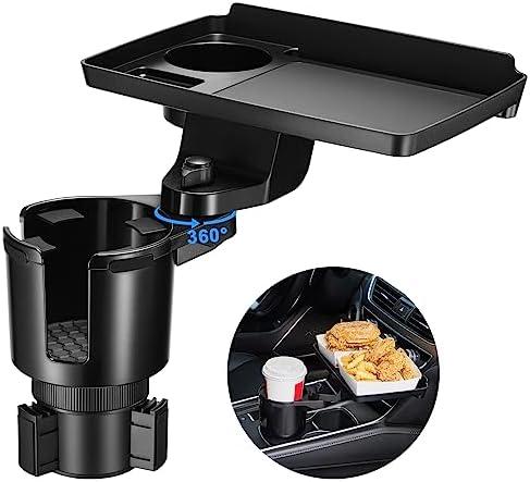 This Hill Cup Holder Tray for Car, 2 in 1 Detachable Car Food Table Tray with Solid Base & Phone Slot,Car Cup Holder Expander with 360°Rotation Tray for Travel Road Essentials