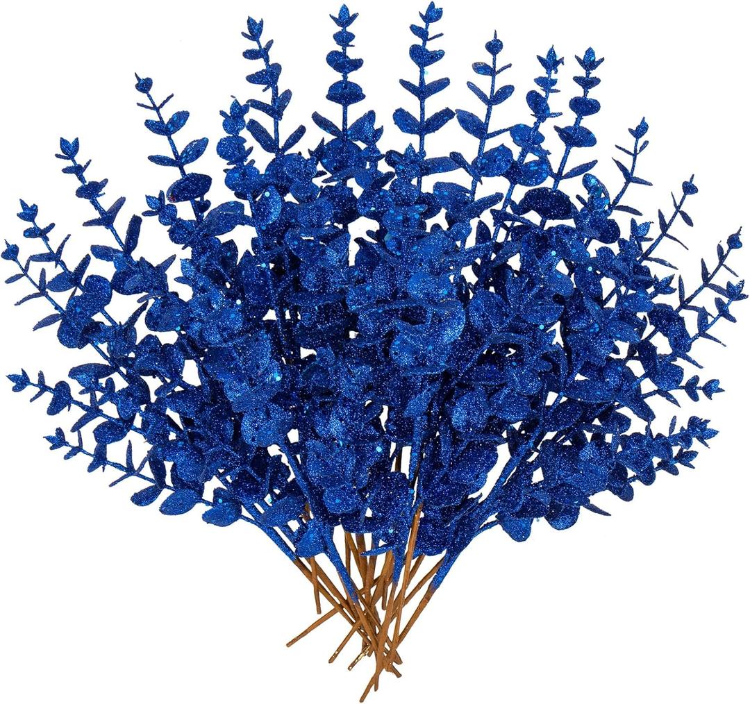 Hollyone 20 Pcs Glitter Christmas Tree Picks and Sprays Artificial Eucalyptus Branches 13" Blue Eucalyptus Leaves Picks Stems for Christmas Tree DIY Garland Wreath Crafts Home Decoration