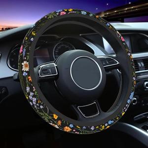 Wildflower Steering Wheel Cover for Women Men, Anti-Slip Breathable and Sweat Absorption Universal 14.5-15 Inch Cute Steering Wheel Protector, Wildflower Floral Car Accessories
