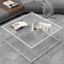 Glass Coffee Table Square Coffee Table for Small Space, Modern Minimalist Center Table for Living Room Home Office,Tempered Glass-top with Sturdy Metal Frame, Easy Assembly, 27 x 27In, White