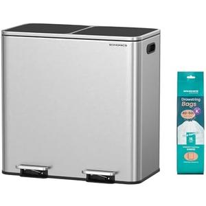 SONGMICS Trash Can, 2 x 10.6 Gallon (2 x 40 L) Garbage Can for Kitchen, with 15 Trash Bags, 2 Compartments, Plastic Inner Buckets and Hinged Lids, Airtight, Silver and Black ULTB730E80