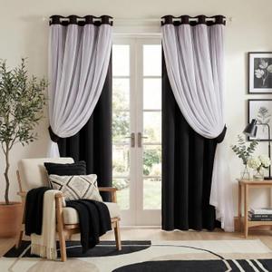 PONY DANCE Black Curtains for Bedroom - Decorative Window Curtains Double Layered Blackout Drapery White Crushed Sheers Panels Set for Living Room, 52 W x 84 L, Set of 2