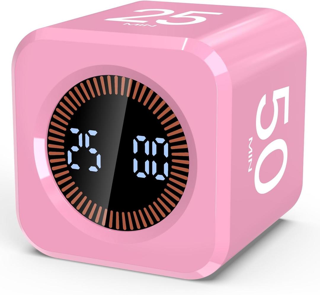 COWVTUJ Digital Pomodoro Timer Cube 5/10/25/50min, Visual Productivity Flip Timer for Kids Classroom Desk, Custom Countdown, Silent and Sound Mode for ADHD Study Work Game Kitchen (Pink)