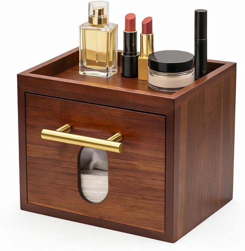 Acacia Wood Disposable Face Towel Holder with Drawer, Wooden Facial Towels Storage Box for XL Towels (Not Included), Face Towelettes & Dry Wipes Organizer for Bathroom Countertop Vanity (Acacia)